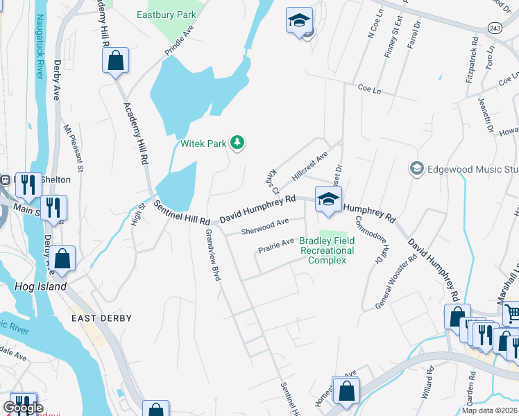 map of restaurants, bars, coffee shops, grocery stores, and more near 55 David Humphrey Road in Derby