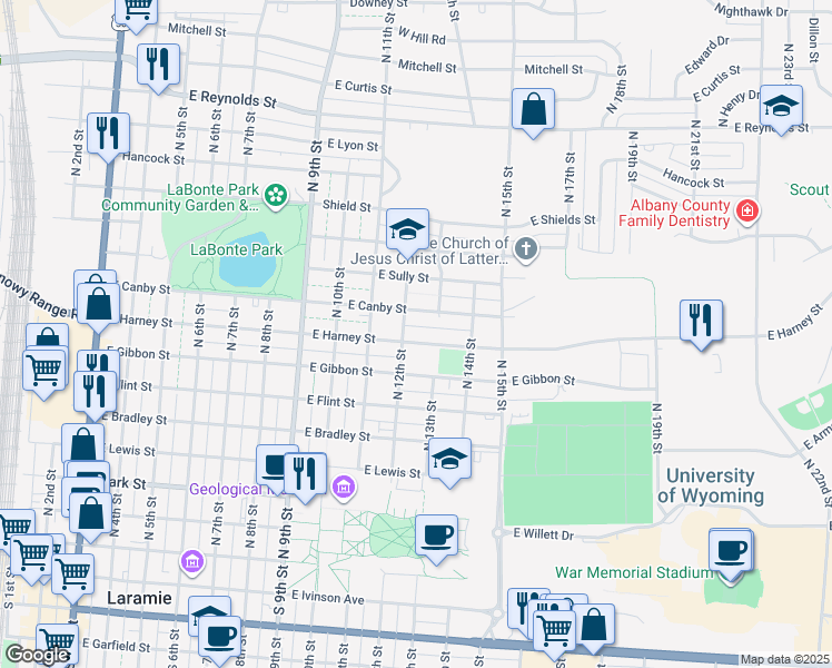 map of restaurants, bars, coffee shops, grocery stores, and more near 856 North 12th Street in Laramie