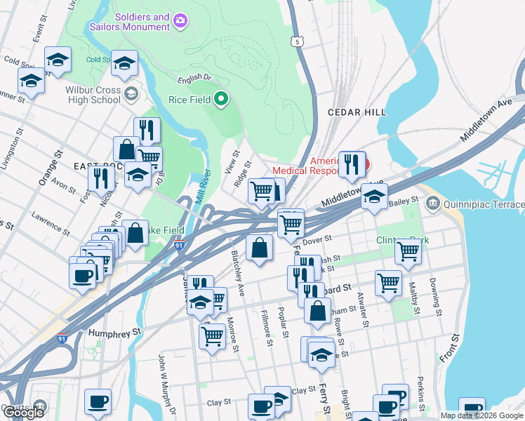 map of restaurants, bars, coffee shops, grocery stores, and more near 11 Warren Place in New Haven