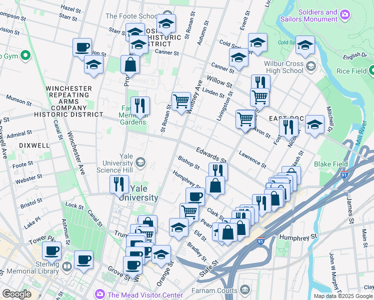 map of restaurants, bars, coffee shops, grocery stores, and more near 250 Edwards Street in New Haven