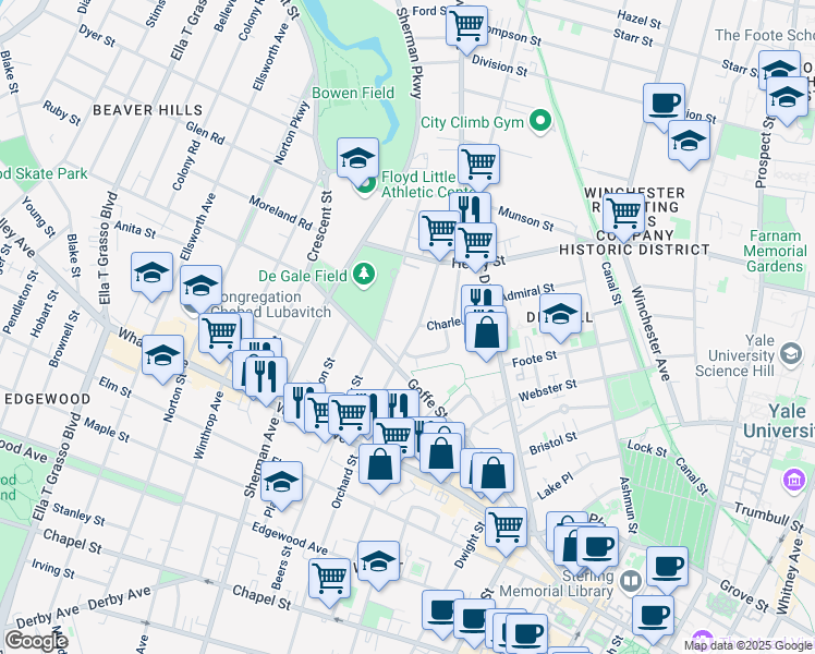 map of restaurants, bars, coffee shops, grocery stores, and more near 658 Orchard Street in New Haven