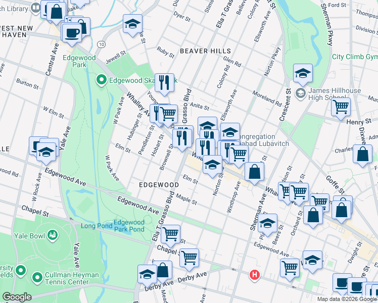 map of restaurants, bars, coffee shops, grocery stores, and more near 474 Whalley Avenue in New Haven
