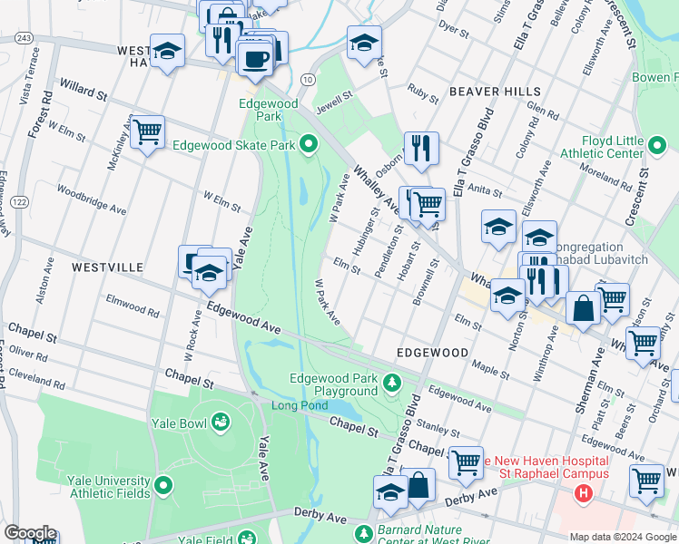 map of restaurants, bars, coffee shops, grocery stores, and more near 133 West Park Avenue in New Haven