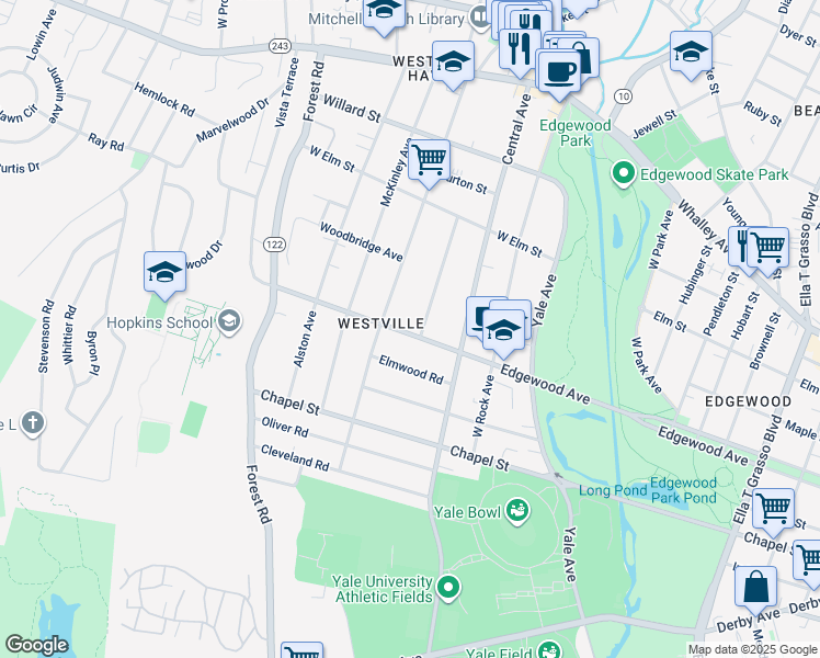 map of restaurants, bars, coffee shops, grocery stores, and more near 10 Marvel Road in New Haven