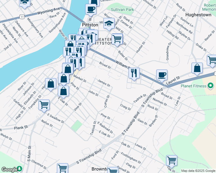 map of restaurants, bars, coffee shops, grocery stores, and more near 46 James Street in Pittston