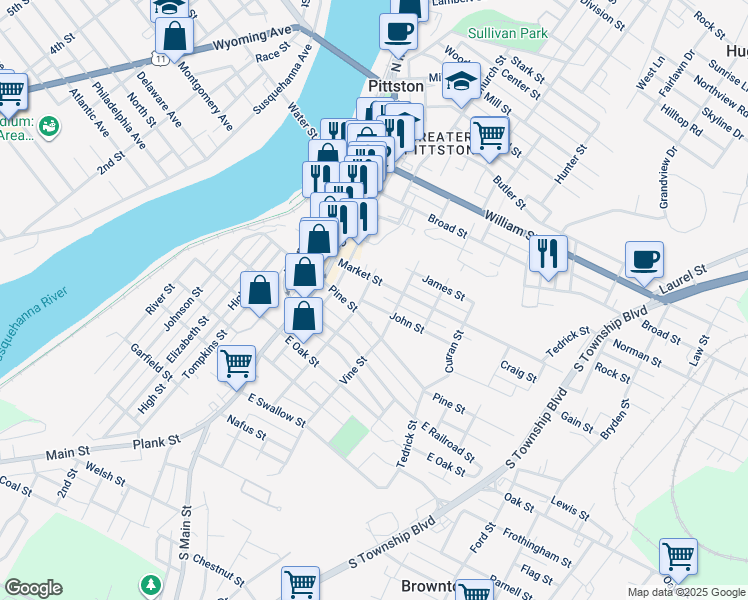 map of restaurants, bars, coffee shops, grocery stores, and more near 20 John Street in Pittston