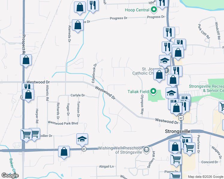 map of restaurants, bars, coffee shops, grocery stores, and more near 12919 Dell Ridge Court in Strongsville