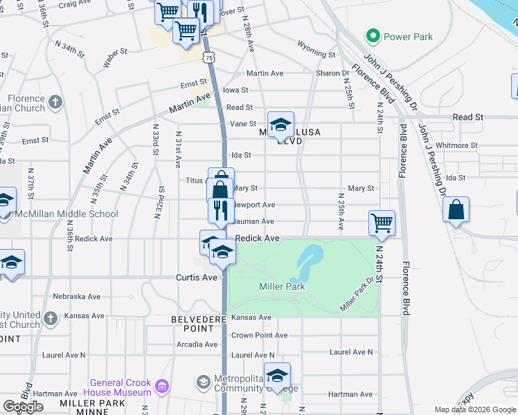 map of restaurants, bars, coffee shops, grocery stores, and more near 2867 Newport Avenue in Omaha