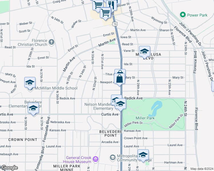 map of restaurants, bars, coffee shops, grocery stores, and more near 3031 Newport Avenue in Omaha