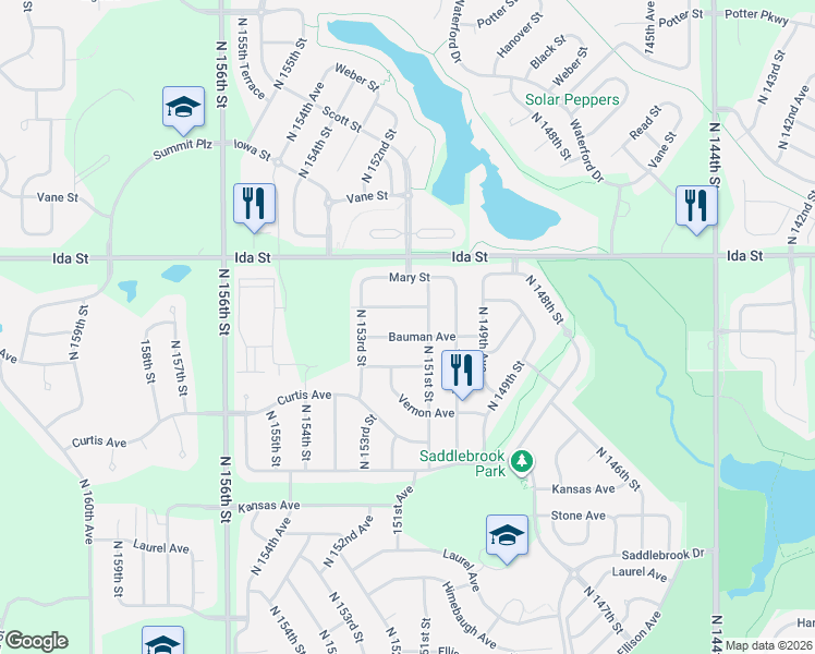 map of restaurants, bars, coffee shops, grocery stores, and more near 15202 Bauman Avenue in Omaha