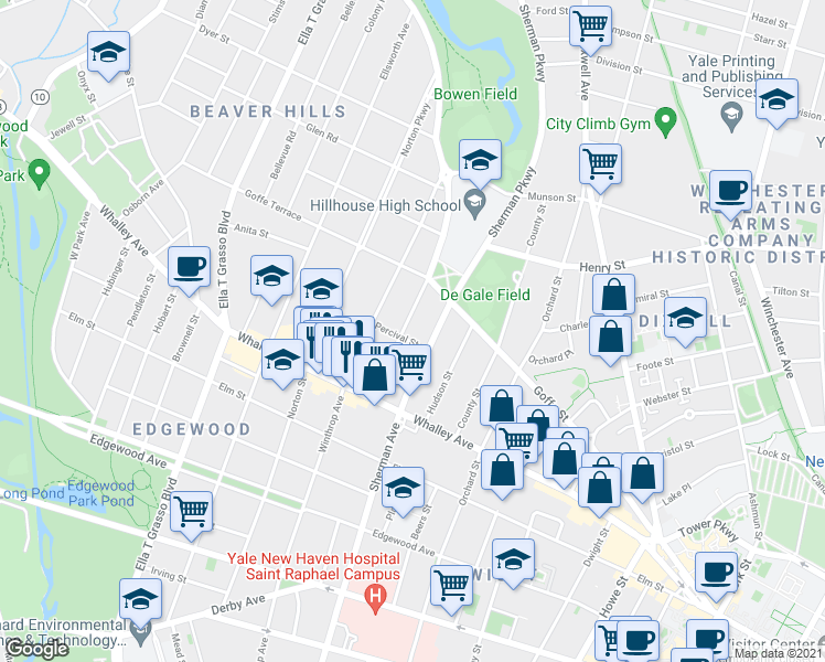 map of restaurants, bars, coffee shops, grocery stores, and more near 67 Carmel Street in New Haven
