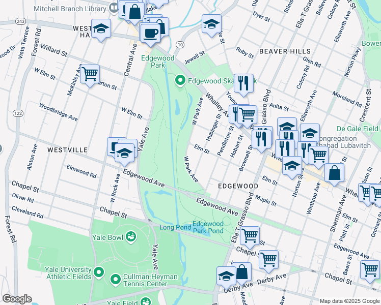 map of restaurants, bars, coffee shops, grocery stores, and more near 133 West Park Avenue in New Haven