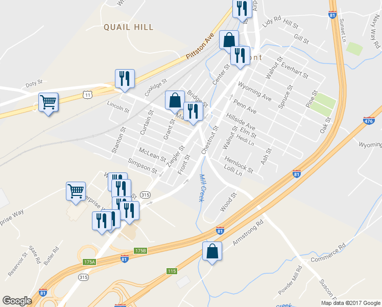 map of restaurants, bars, coffee shops, grocery stores, and more near 58 1st St in Pittston