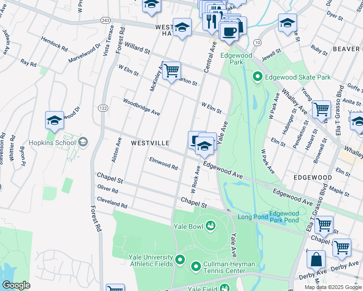map of restaurants, bars, coffee shops, grocery stores, and more near 358 Central Avenue in New Haven