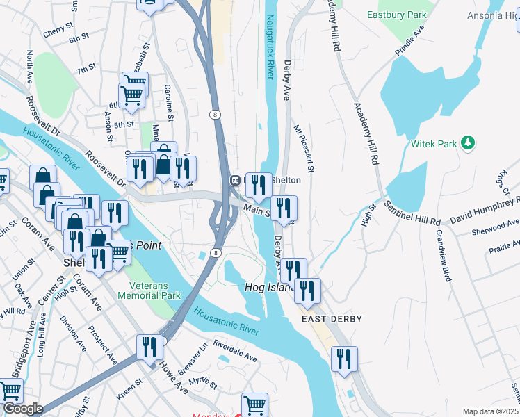 map of restaurants, bars, coffee shops, grocery stores, and more near 5 Main Street in Derby