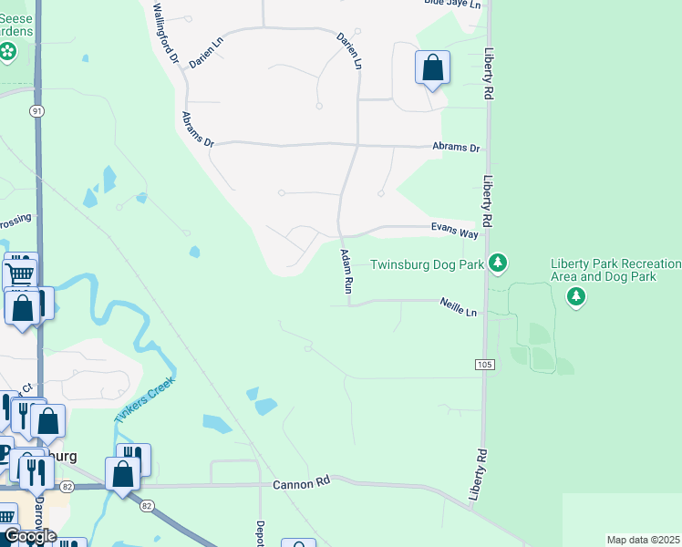 map of restaurants, bars, coffee shops, grocery stores, and more near 9354 Adam Run in Twinsburg