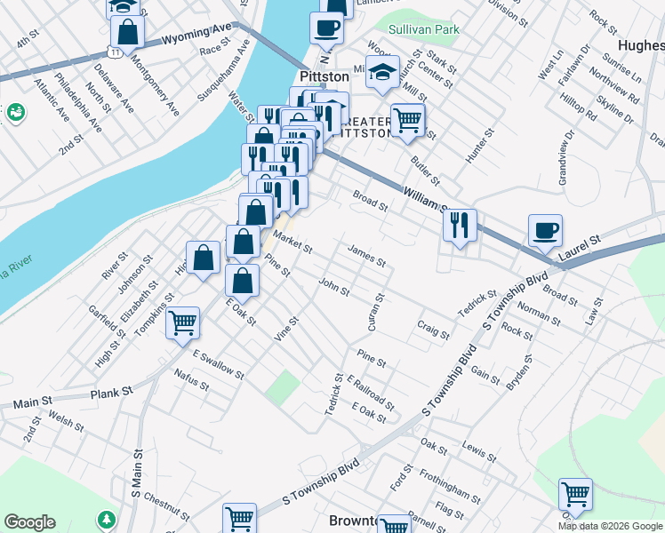map of restaurants, bars, coffee shops, grocery stores, and more near 81 Market Street in Pittston