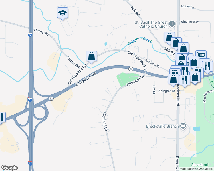 map of restaurants, bars, coffee shops, grocery stores, and more near 9074 Highland Drive in Brecksville