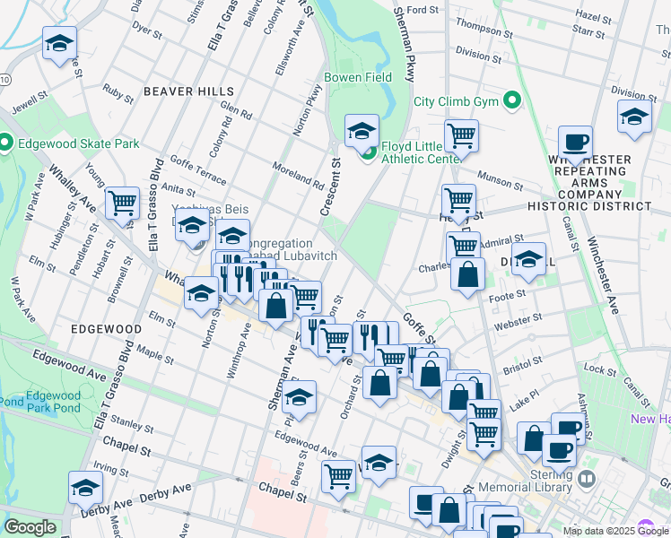 map of restaurants, bars, coffee shops, grocery stores, and more near 379 Sherman Avenue in New Haven