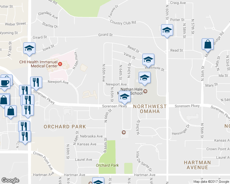 map of restaurants, bars, coffee shops, grocery stores, and more near 6615 North 65th Street in Omaha