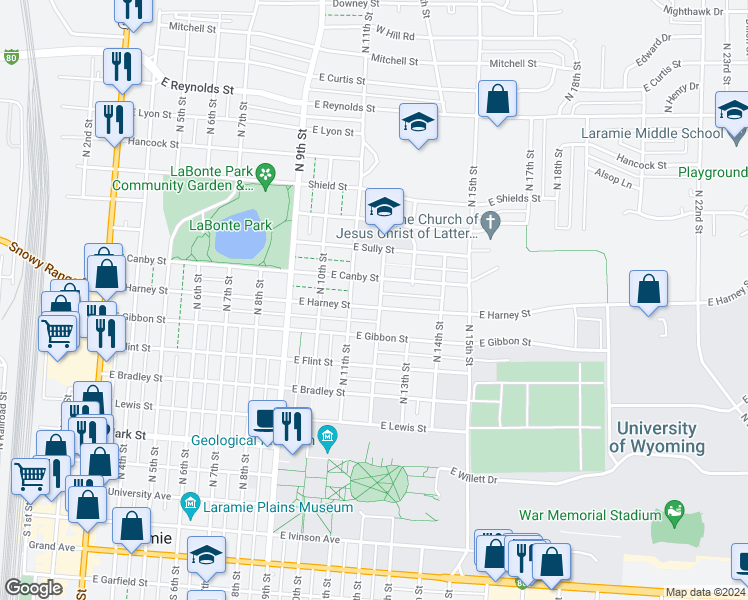 map of restaurants, bars, coffee shops, grocery stores, and more near 856 North 12th Street in Laramie