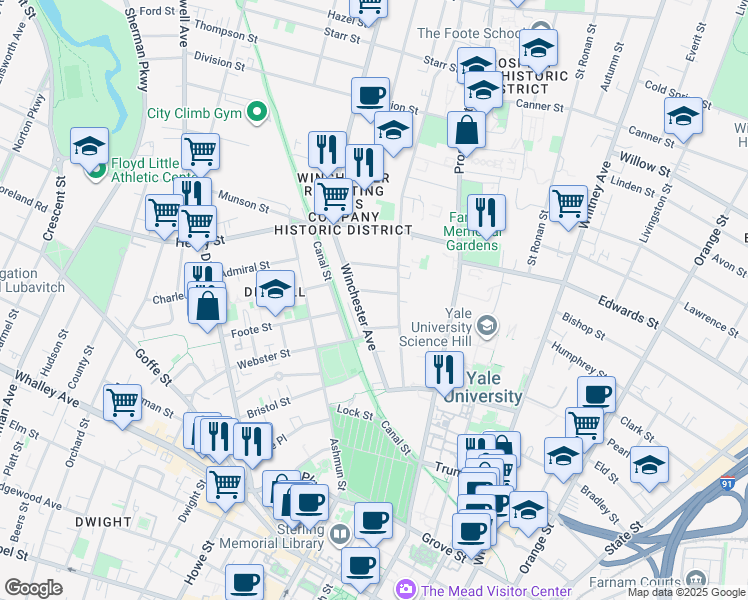 map of restaurants, bars, coffee shops, grocery stores, and more near 26 Woodland Street in New Haven