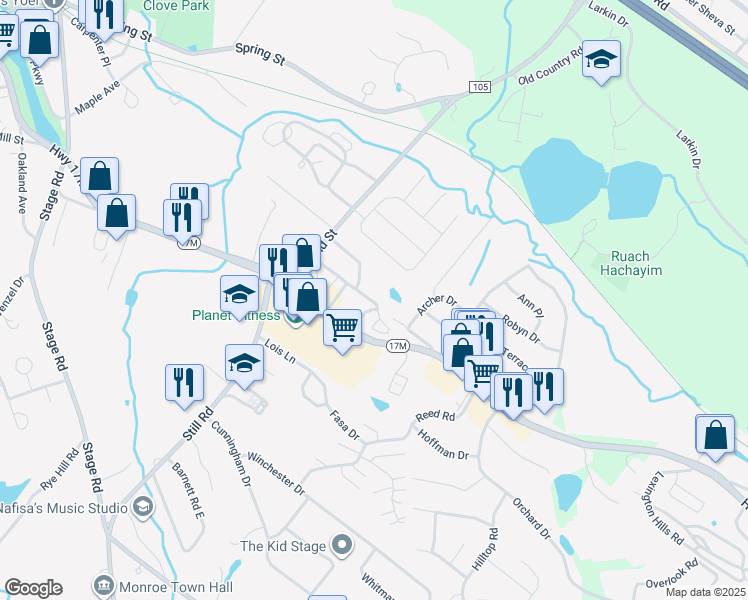 map of restaurants, bars, coffee shops, grocery stores, and more near 2 Vista Lane in Monroe
