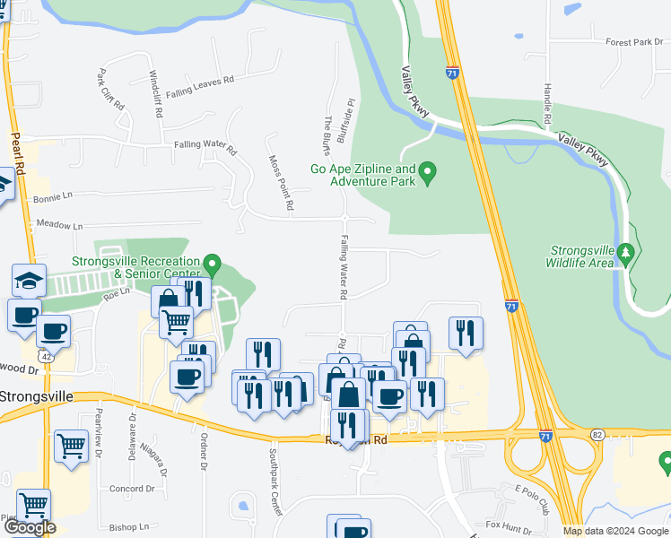 map of restaurants, bars, coffee shops, grocery stores, and more near 13014 Falling Water Road in Strongsville