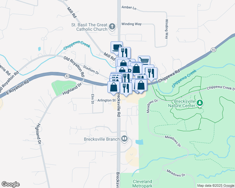 map of restaurants, bars, coffee shops, grocery stores, and more near 8934 Ohio 21 in Brecksville
