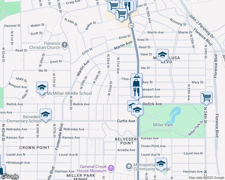 map of restaurants, bars, coffee shops, grocery stores, and more near 6614 North 31st Avenue in Omaha