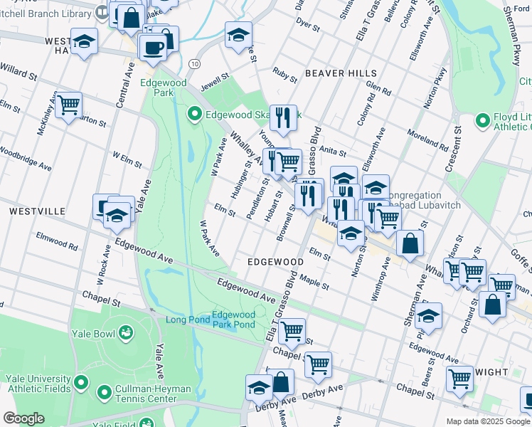 map of restaurants, bars, coffee shops, grocery stores, and more near 102 Hobart Street in New Haven