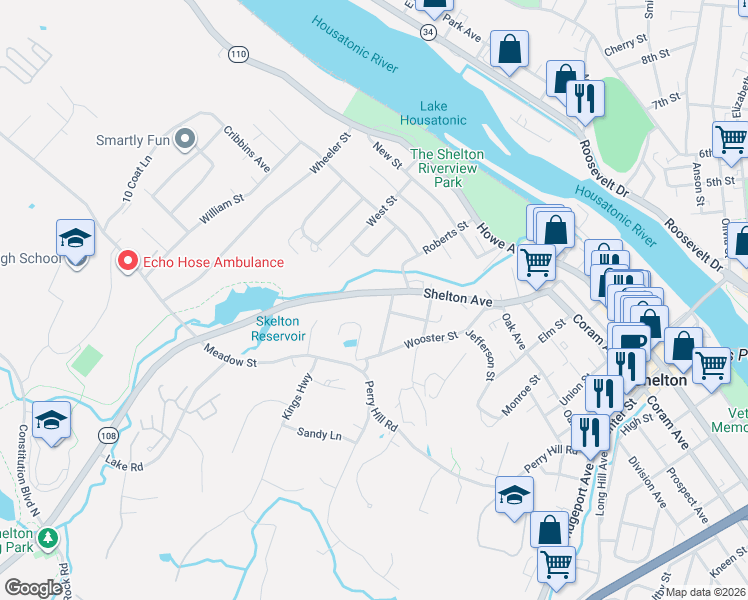 map of restaurants, bars, coffee shops, grocery stores, and more near 100 Shelton Avenue in Shelton