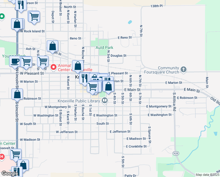map of restaurants, bars, coffee shops, grocery stores, and more near 309 East Main Street in Knoxville