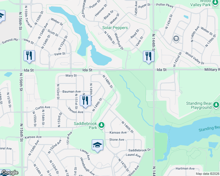 map of restaurants, bars, coffee shops, grocery stores, and more near 6606 North 148th Street in Omaha