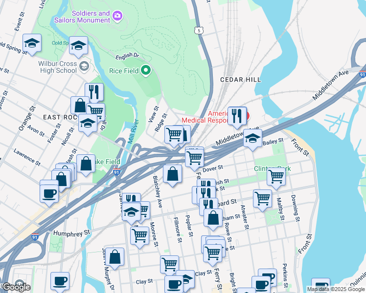map of restaurants, bars, coffee shops, grocery stores, and more near 1329 State Street in New Haven