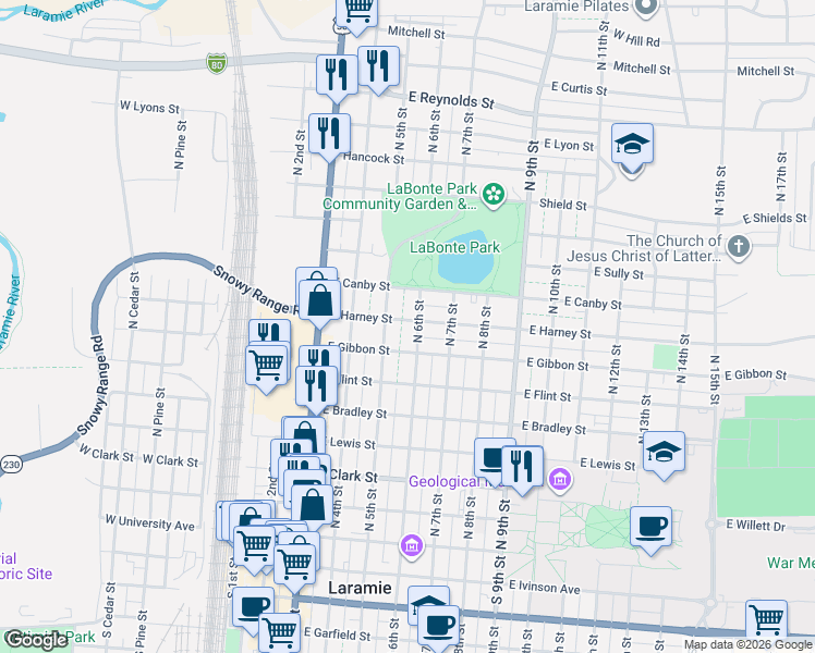 map of restaurants, bars, coffee shops, grocery stores, and more near 510 East Harney Street in Laramie