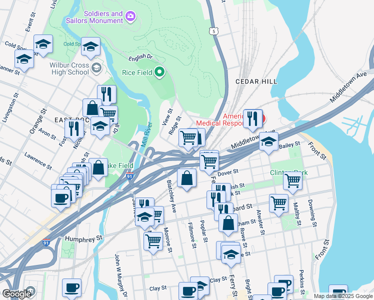 map of restaurants, bars, coffee shops, grocery stores, and more near 11 Warren Place in New Haven