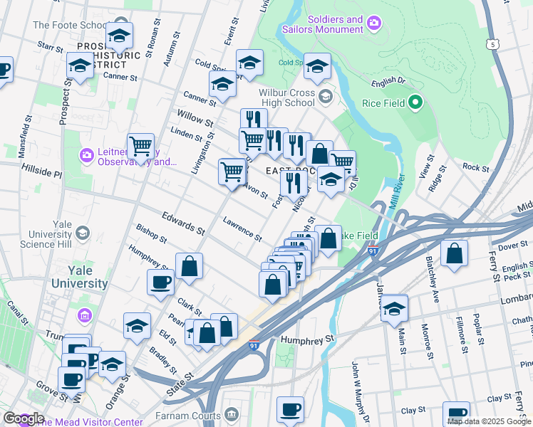 map of restaurants, bars, coffee shops, grocery stores, and more near 81 Foster Street in New Haven