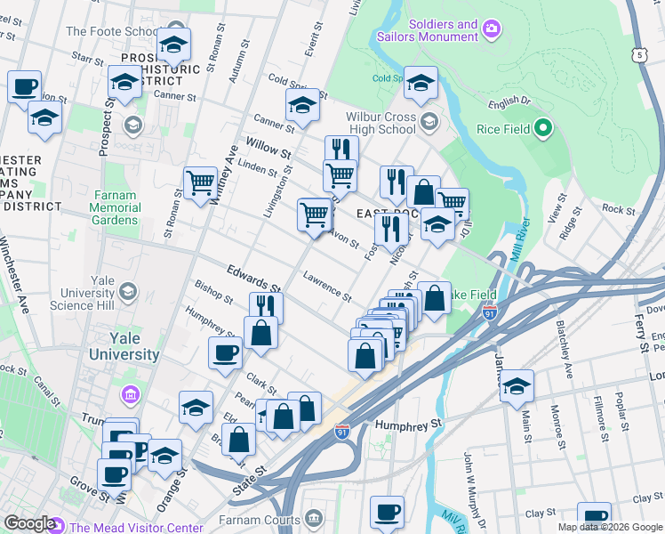 map of restaurants, bars, coffee shops, grocery stores, and more near 20 Cottage Street in New Haven