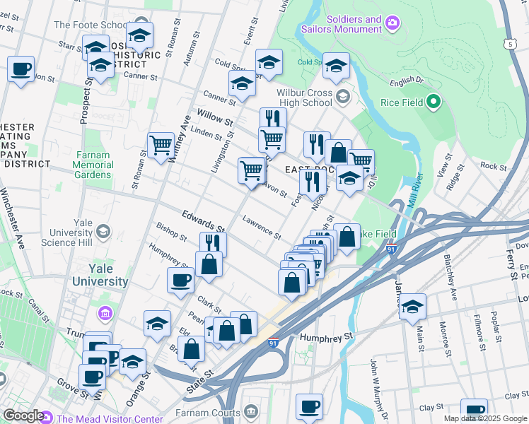 map of restaurants, bars, coffee shops, grocery stores, and more near 20 Cottage Street in New Haven