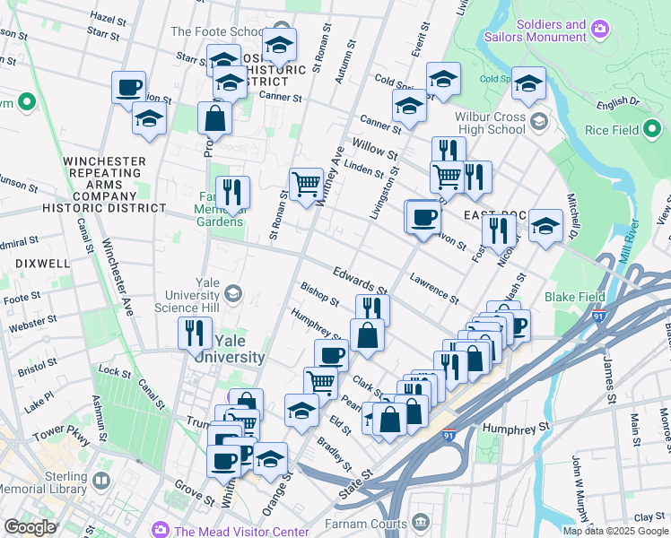 map of restaurants, bars, coffee shops, grocery stores, and more near 250 Edwards Street in New Haven