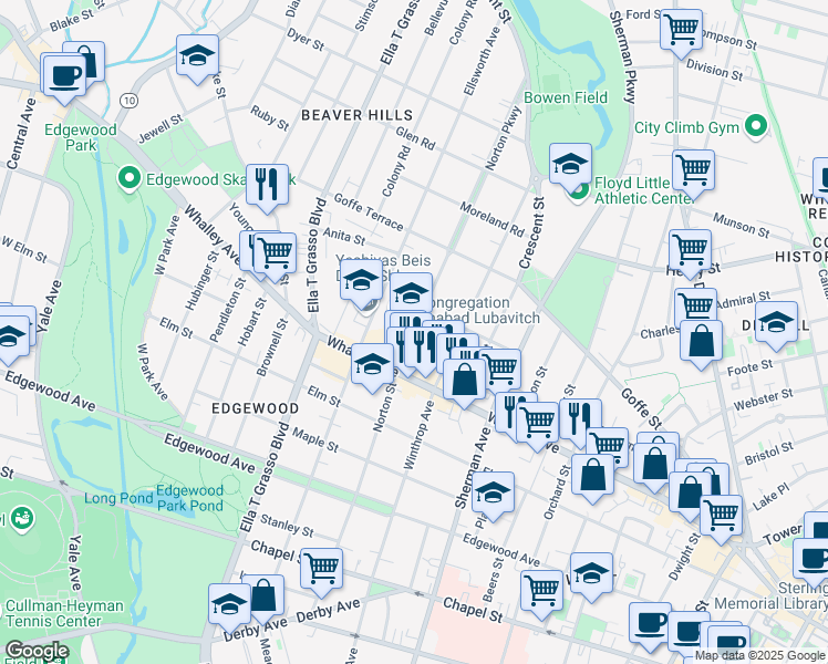map of restaurants, bars, coffee shops, grocery stores, and more near 287 Norton Street in New Haven