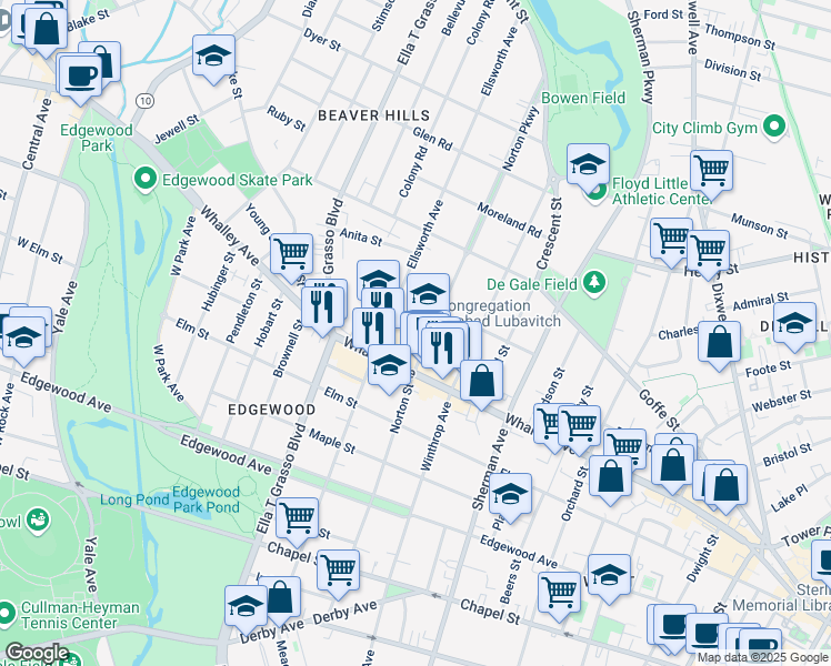 map of restaurants, bars, coffee shops, grocery stores, and more near 333 Ellsworth Avenue in New Haven