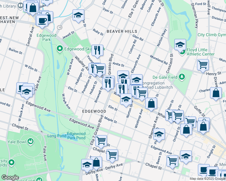 map of restaurants, bars, coffee shops, grocery stores, and more near 474 Whalley Avenue in New Haven