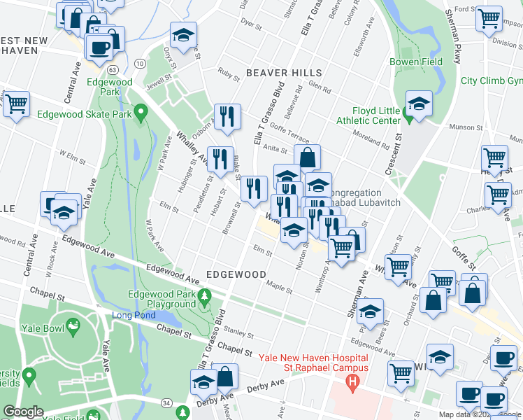 map of restaurants, bars, coffee shops, grocery stores, and more near 474 Whalley Avenue in New Haven