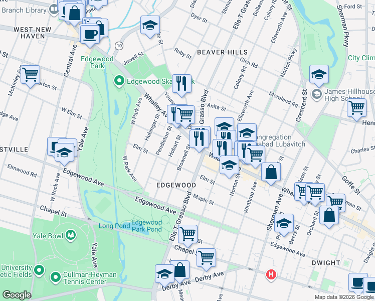 map of restaurants, bars, coffee shops, grocery stores, and more near 112 Brownell Street in New Haven