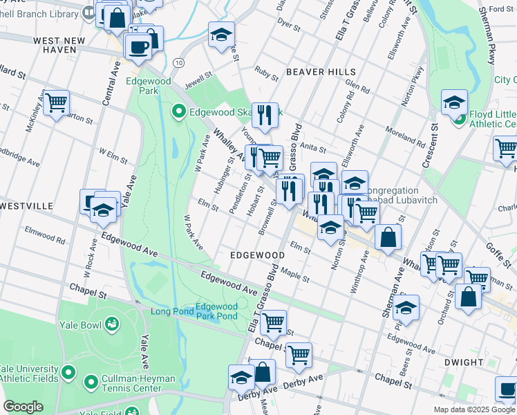 map of restaurants, bars, coffee shops, grocery stores, and more near 112 Brownell Street in New Haven