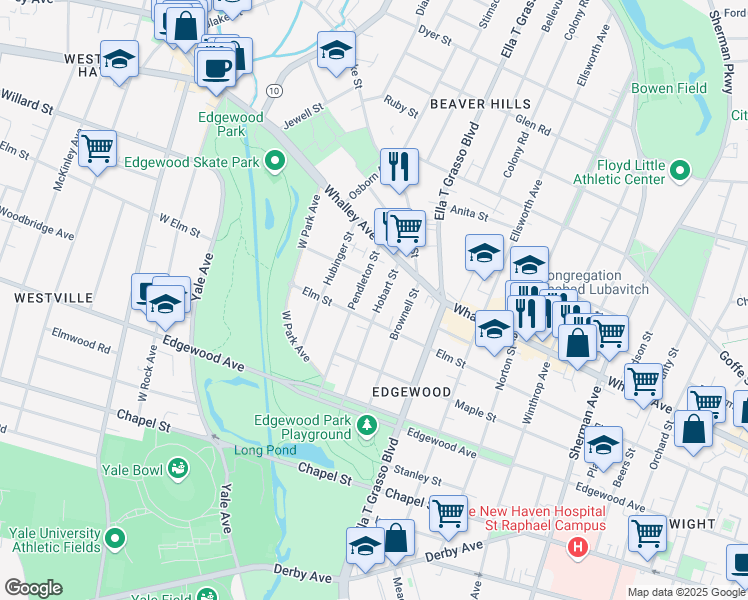 map of restaurants, bars, coffee shops, grocery stores, and more near 97 Pendleton Street in New Haven