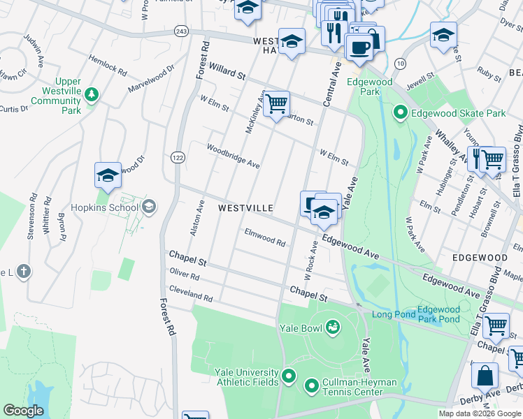 map of restaurants, bars, coffee shops, grocery stores, and more near 10 Marvel Road in New Haven