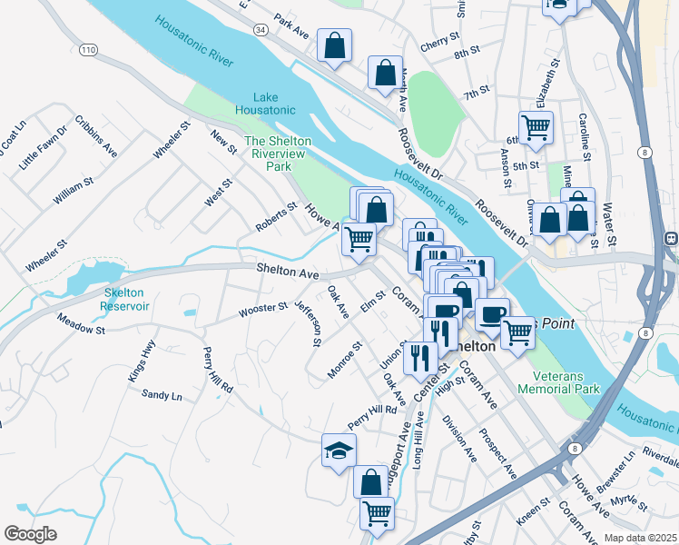 map of restaurants, bars, coffee shops, grocery stores, and more near 75 Wooster Street in Shelton